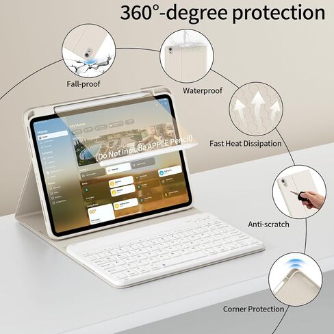 حافظة KenKe لجهاز iPad Air الجديد 11 بوصة M4/M3/M2 (2026/2025/2024)، لجهاز iPad Air 10.9 بوصة الجيل الخامس/الرابع (2022/2020)، غطاء لوحة مفاتيح بلوتوث لاسلكية قابلة للفصل مع حامل قلم رصاص، كريمي أبيض in Kuwait