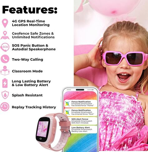 Smart Watch For Kids with Real-Time GPS Tracker, Geofencing, 4G LTE, SOS Alert Button, School Mode & Parental Control, Voice & Video Calling, Water Resistant Kids Smart Watch for Boys & Girls (Pink) in Saudi Arabia