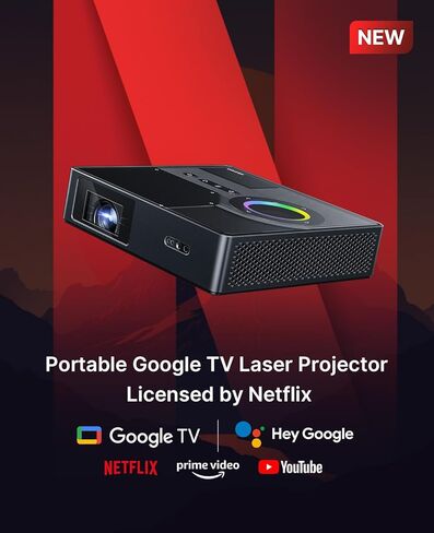 NexiGo Nova Mini، جهاز عرض ليزر محمول، Google TV مع Netflix، 1080p FHD، 1200 لومن، 15000:1 تباين مع SAE، ثلاثي الأبعاد، إعداد تلقائي، شاشة 150 بوصة، صوت Dolby 8 وات، محمول للمنزل والخارج (متجدد) in Saudi Arabia
