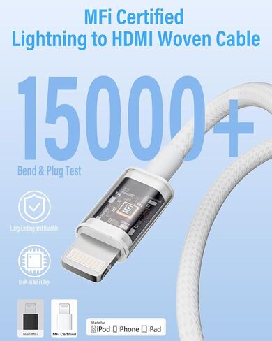 CleverThings 10Ft/3m Lightning to HDMI Cable for iPhone to TV 1080P Digital AV Adapter for HD Video Sync Screen Connector iPhone to HDMI for TV Projector Monitor in Saudi Arabia