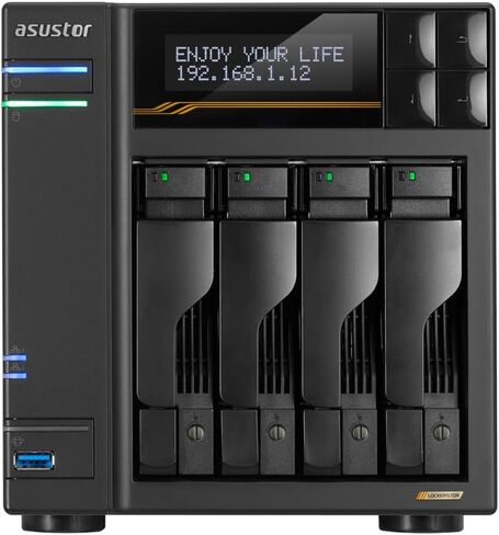 Asustor Lockerstor 4 Gen3 AS6804T مع 4 × 4 تيرابايت SSD (WDS400T4B0E)، 4 Bay NAS، AMD Ryzen رباعي النواة 2.3 جيجا هرتز، 16 جيجابايت ECC DDR5، 4 فتحات M.2 NVMe، منفذ مزدوج 5 جيجابت و10 جيجابت، تخزين متصل بالشبكة in Kuwait
