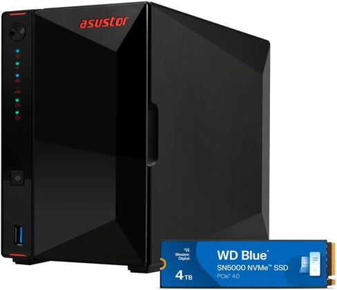 Asustor AS5402T، 2 Bay NAS مع 3 × 4 تيرابايت SSD (WDS400T4B0E)، وحدة معالجة مركزية Intel رباعية النواة بسرعة 2.0 جيجا هرتز، 4X M.2 NVMe SSD فتحات، منافذ 2x2.5 جيجا بايت، ذاكرة وصول عشوائي DDR4 سعة 4 جيجابايت، للألعاب والبث المباشر، وحدة تخزين متصلة بالشبك in Kuwait