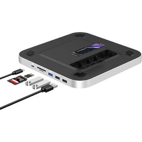 Qwiizlab Mac mini Hub مع حاوية NVMe، محطة إرساء لجهاز Mac mini M2/M1، Mac Studio M4/M/3/M2/M1، النوع C 10 جيجابت في الثانية، قارئات البطاقات 104 ميجابايت/ثانية، يناسب M.2 SATA PCIe NVMe SSD حتى 8 تيرابايت (فضي) in Kuwait