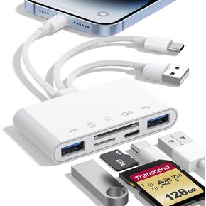 قارئ بطاقة ذاكرة 5 في 1، محول USB OTG وقارئ بطاقة SD لأجهزة iPhone iPad Mac USB C وUSB A مع 5 فتحات PD 60W/بطاقة USB مزدوجة/TF/SD، محول الكاميرا يدعم SD/Micro SD/SDHC/SDXC/MMC in Kuwait