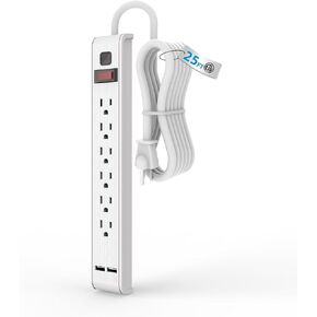 واقي التيار الكهربائي من TiFFCOFiO، 6 منافذ مع منفذي USB، سلك تمديد 6 أقدام، 600 جول، قابل للتركيب على الحائط للمنزل والمكتب والنوم، 15 أمبير/1875 وات، مدرج في قائمة ETL (25 قدم) in Kuwait
