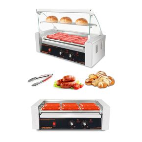 Hot Dog Roller Machine, 7 Rollers 18 Hot Dog Capacity 1050W Stainless Dual Temp Control Glass Acrylic Hood, Bun Warmer Shelf Removable Drip Tray, ETL Certified, Commercial & Party Hot Dog Machine Use in Saudi Arabia