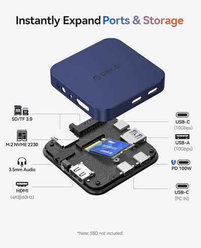 ORICO Magnetic M.2 Docking Station, 8 Ports 10Gbps USB C HUB & M.2 2230 NVMe Enclosure with HDMI 4K@60Hz,SD/TF, USB-A&C 3.2, 100W PD, AUX, USBC Dock for iPhone 17/16/15 Pro/Pro Max in Saudi Arabia