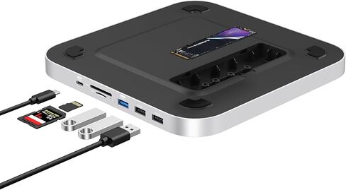 Qwiizlab Mac mini Hub مع حاوية NVMe، محطة إرساء لجهاز Mac mini M2/M1، Mac Studio M4/M/3/M2/M1، النوع C 10 جيجابت في الثانية، قارئات البطاقات 104 ميجابايت/ثانية، يناسب M.2 SATA PCIe NVMe SSD حتى 8 تيرابايت (فضي) in Saudi Arabia