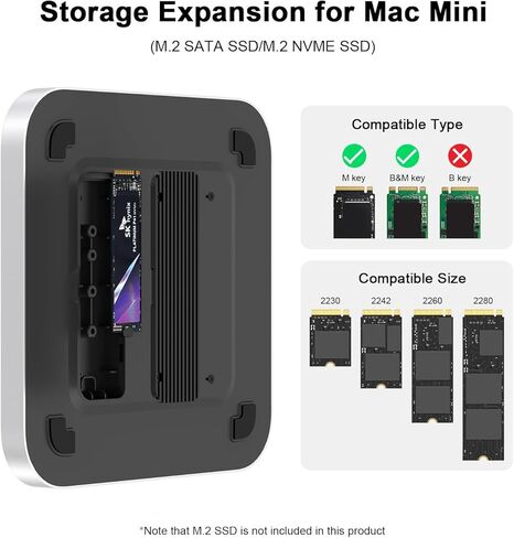 Qwiizlab Mac mini Hub مع حاوية NVMe، محطة إرساء لجهاز Mac mini M2/M1، Mac Studio M4/M/3/M2/M1، النوع C 10 جيجابت في الثانية، قارئات البطاقات 104 ميجابايت/ثانية، يناسب M.2 SATA PCIe NVMe SSD حتى 8 تيرابايت (فضي) in Saudi Arabia