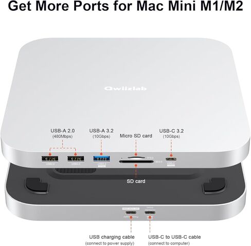 Qwiizlab Mac mini Hub مع حاوية NVMe، محطة إرساء لجهاز Mac mini M2/M1، Mac Studio M4/M/3/M2/M1، النوع C 10 جيجابت في الثانية، قارئات البطاقات 104 ميجابايت/ثانية، يناسب M.2 SATA PCIe NVMe SSD حتى 8 تيرابايت (فضي) in Saudi Arabia