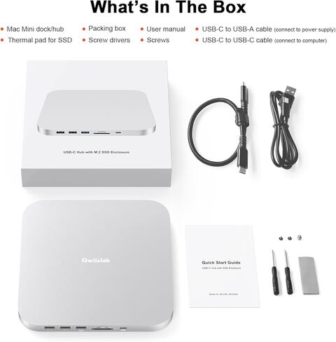 Qwiizlab Mac mini Hub مع حاوية NVMe، محطة إرساء لجهاز Mac mini M2/M1، Mac Studio M4/M/3/M2/M1، النوع C 10 جيجابت في الثانية، قارئات البطاقات 104 ميجابايت/ثانية، يناسب M.2 SATA PCIe NVMe SSD حتى 8 تيرابايت (فضي) in Saudi Arabia