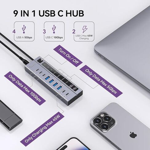 موزع USB C 9 في 1 من Minisopuru - يدعم الشحن بحد أقصى 45 وات مع محول طاقة 72 وات، ونقل بيانات بسرعة 10 جيجابت في الثانية، ومحور يعمل بمنفذ USB-C لأجهزة الكمبيوتر المحمول، وMacBook، وiPad (ليس للشاشة) in Kuwait