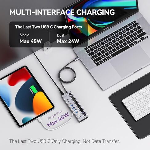 موزع USB C 9 في 1 من Minisopuru - يدعم الشحن بحد أقصى 45 وات مع محول طاقة 72 وات، ونقل بيانات بسرعة 10 جيجابت في الثانية، ومحور يعمل بمنفذ USB-C لأجهزة الكمبيوتر المحمول، وMacBook، وiPad (ليس للشاشة) in Kuwait