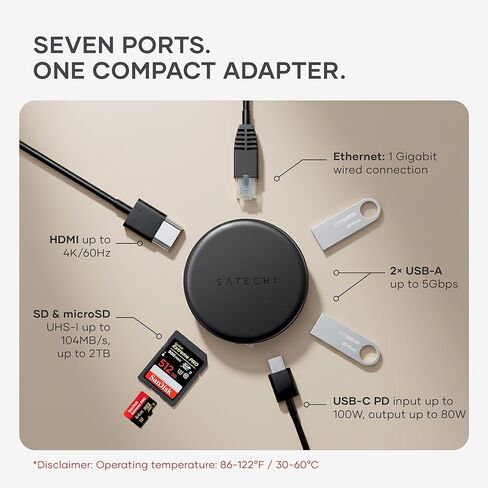 Satechi OntheGo 7-in-1 USB-C Hub & 3 in 1 شاحن لاسلكي Qi2، مغناطيسي، مدمج، محمول in Kuwait