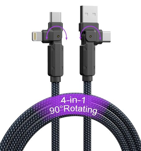 90 Degree USB C Cable for iPhone 17 16 Pro Max, 4in1 USB-C/A to C/Lightning Cable 6FT, 60W Fast Multi Charging Cord with 90° Rotating Swivel USBC/Lightning Adapter for Apple 15 14 13,Carplay,Auto in Saudi Arabia