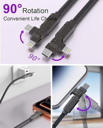 90 Degree USB C Cable for iPhone 17 16 Pro Max, 4in1 USB-C/A to C/Lightning Cable 6FT, 60W Fast Multi Charging Cord with 90° Rotating Swivel USBC/Lightning Adapter for Apple 15 14 13,Carplay,Auto in Saudi Arabia
