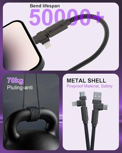 90 Degree USB C Cable for iPhone 17 16 Pro Max, 4in1 USB-C/A to C/Lightning Cable 6FT, 60W Fast Multi Charging Cord with 90° Rotating Swivel USBC/Lightning Adapter for Apple 15 14 13,Carplay,Auto in Saudi Arabia