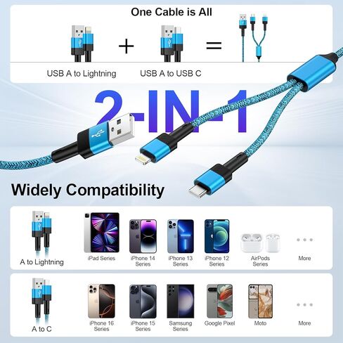 كابل شحن USB C متعدد سريع لهاتف iPhone 17 Air 17 Pro 17 Pro Max 16e 16 15 Pro Max، كابل USB C وLightning بطول 4 أقدام 2 في 1 USB إلى النوع C وسلك شاحن سيارة Lightning لهاتف iPhone 15 14 13 12، سامسونج in Kuwait