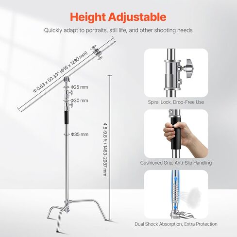 Happybuy C Stand with Boom Arm, Max Height 10.83 ft/330 cm, Stainless Steel Heavy Duty Photography Light Stand with 4.8-9.8 ft Adjustable Height, 2 Grip Head for Studio Lights in Saudi Arabia