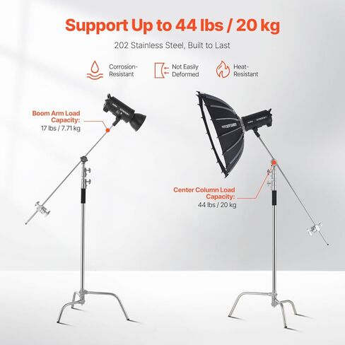 Happybuy C Stand with Boom Arm, Max Height 10.83 ft/330 cm, Stainless Steel Heavy Duty Photography Light Stand with 4.8-9.8 ft Adjustable Height, 2 Grip Head for Studio Lights in Saudi Arabia