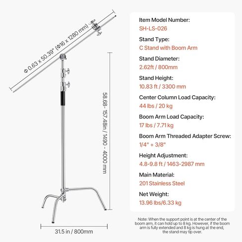 Happybuy C Stand with Boom Arm, Max Height 10.83 ft/330 cm, Stainless Steel Heavy Duty Photography Light Stand with 4.8-9.8 ft Adjustable Height, 2 Grip Head for Studio Lights in Saudi Arabia