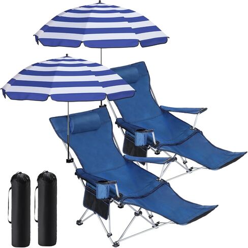 Karenhi 2 Set Reclining Beach Chair with Umbrella for Adult Folding Camping Chair with Foot Rest Adjustable Clamp Canopy Shade for Outdoor Patio Travel Beach Fishing Picnic(Blue) in Saudi Arabia