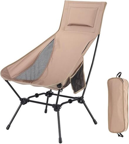 High Back Reclining Camping Chair for Adults – Oversized Portable Folding Chair with Head Support & Widened Seat, Heavy Duty Camping Essentials for Outdoor, Beach, Lawn, Festivals, Khaki in Saudi Arabia