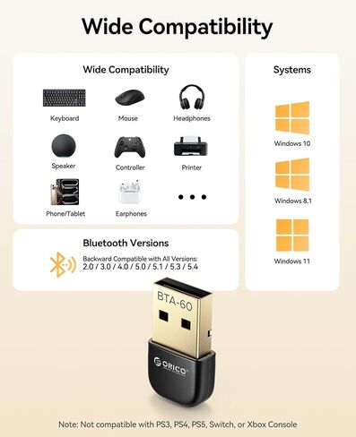 ORICO USB Bluetooth Adapter–30M Range, 3Mbps Speed, Bluetooth 6.0 Dongle Receiver EDR & BLE, Windows 8.1/10/11 Compatible, Supports Headphones, Keyboard, Mouse, Speakers & Printers（BTA-60） in Saudi Arabia