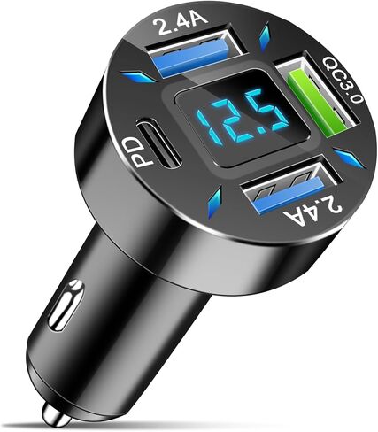 LivTee 4-Port Car Charger, 12-24V Cigarette Lighter Adapter with 3 USB & 1 USB-C Port, Supports QC/PD Fast Charging, Features Digital Display and LED Lights, Fits iPhone, Fits Samsung and More Phones in Saudi Arabia