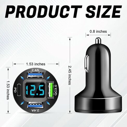 LivTee 4-Port Car Charger, 12-24V Cigarette Lighter Adapter with 3 USB & 1 USB-C Port, Supports QC/PD Fast Charging, Features Digital Display and LED Lights, Fits iPhone, Fits Samsung and More Phones in Saudi Arabia
