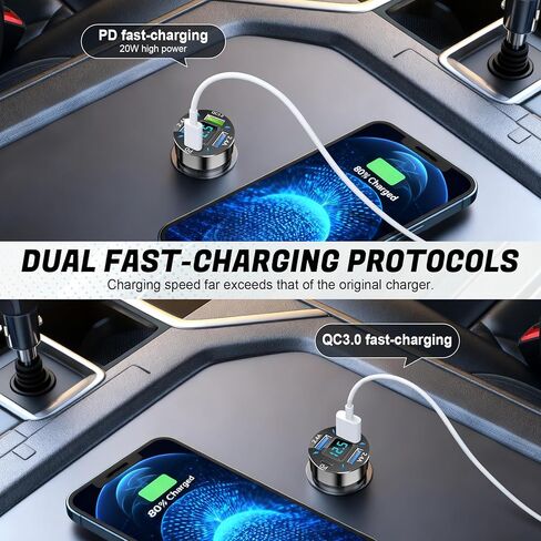 LivTee 4-Port Car Charger, 12-24V Cigarette Lighter Adapter with 3 USB & 1 USB-C Port, Supports QC/PD Fast Charging, Features Digital Display and LED Lights, Fits iPhone, Fits Samsung and More Phones in Saudi Arabia
