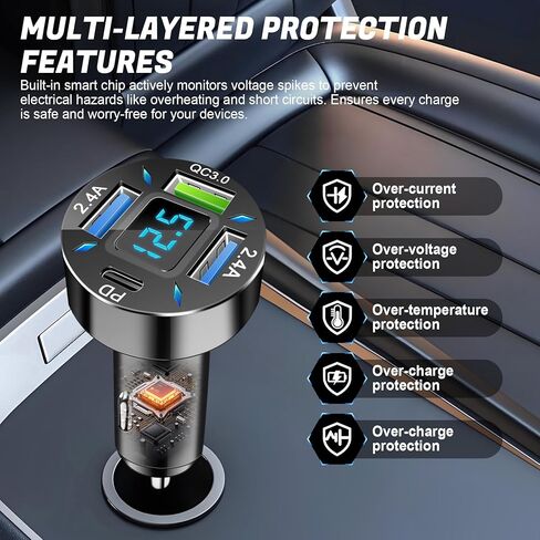 LivTee 4-Port Car Charger, 12-24V Cigarette Lighter Adapter with 3 USB & 1 USB-C Port, Supports QC/PD Fast Charging, Features Digital Display and LED Lights, Fits iPhone, Fits Samsung and More Phones in Saudi Arabia