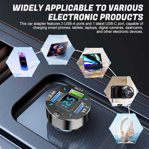 LivTee 4-Port Car Charger, 12-24V Cigarette Lighter Adapter with 3 USB & 1 USB-C Port, Supports QC/PD Fast Charging, Features Digital Display and LED Lights, Fits iPhone, Fits Samsung and More Phones in Saudi Arabia