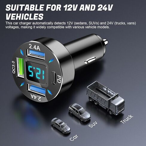 LivTee 4-Port Car Charger, 12-24V Cigarette Lighter Adapter with 3 USB & 1 USB-C Port, Supports QC/PD Fast Charging, Features Digital Display and LED Lights, Fits iPhone, Fits Samsung and More Phones in Saudi Arabia