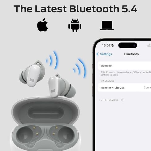 Monster N-Lite 206 Bluetooth Earbuds Wireless Earphones Bluetooth 5.4 in-Ear Earbuds Headphones Built-in Mic, Touch Control, IPX6 Waterproof, Comfortable Fit, Type-C Charging, 25H Playback, White in Saudi Arabia