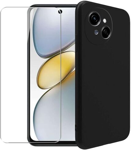 حافظة لهاتف Tecno Spark Go 1 + واقي شاشة زجاجي مقوى - غطاء حماية من السيليكون الشفاف الناعم المرن المقاوم للصدمات من مادة TPU لهاتف Tecno Spark Go 1 (أسود) in Saudi Arabia