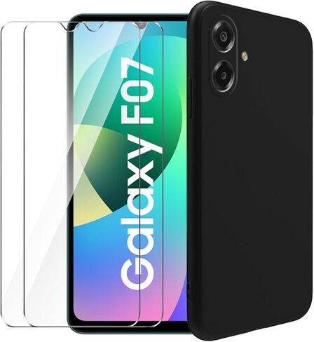 Case for Samsung Galaxy F07 + Glass Screen Protector Tempered Film - Transparent Silicone Soft Flexible Bumper Shockproof TPU Protective Cover Shell (Black) in Saudi Arabia