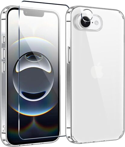متوافق مع حافظة هاتف iphone 16E / 17E / SE4 مع واقي شاشة وواقي عدسة الكاميرا، [غير صفراء] [حماية من السقوط من الدرجة العسكرية] حافظة حماية لهاتف iphone 17E - شفاف كريستالي in Saudi Arabia