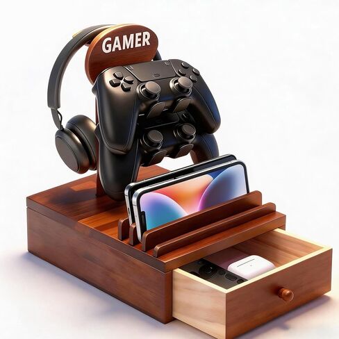 Gamer Controller Holder Headphone Stand with Storage Drawer for Gaming Equipment,Wood Gamer Gifts for Teenage Boy,Headpset Stand Gaming Desk Accessories for Men,Brother,Son,Boyfriend,Husband in Saudi Arabia