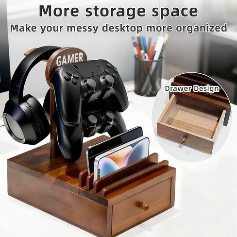 Gamer Controller Holder Headphone Stand with Storage Drawer for Gaming Equipment,Wood Gamer Gifts for Teenage Boy,Headpset Stand Gaming Desk Accessories for Men,Brother,Son,Boyfriend,Husband in Saudi Arabia