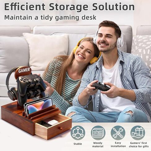 Gamer Controller Holder Headphone Stand with Storage Drawer for Gaming Equipment,Wood Gamer Gifts for Teenage Boy,Headpset Stand Gaming Desk Accessories for Men,Brother,Son,Boyfriend,Husband in Saudi Arabia