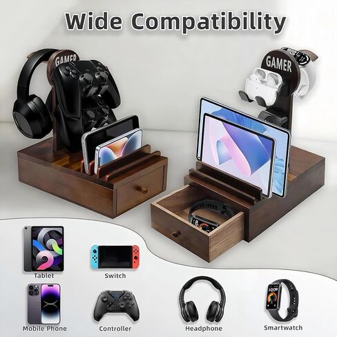 Gamer Controller Holder Headphone Stand with Storage Drawer for Gaming Equipment,Wood Gamer Gifts for Teenage Boy,Headpset Stand Gaming Desk Accessories for Men,Brother,Son,Boyfriend,Husband in Saudi Arabia
