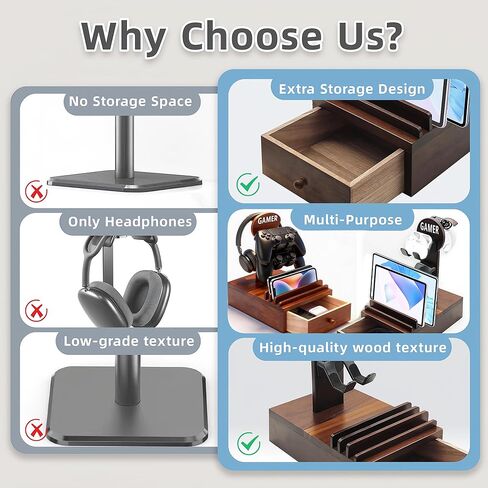 Gamer Controller Holder Headphone Stand with Storage Drawer for Gaming Equipment,Wood Gamer Gifts for Teenage Boy,Headpset Stand Gaming Desk Accessories for Men,Brother,Son,Boyfriend,Husband in Saudi Arabia