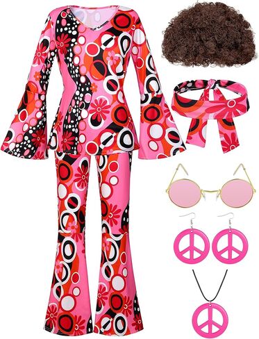 SOMSOC 7 Pack 70s Women Hippie Costume Set Boho Flared Pants Tie Dye Headband Necklace Earrings Wig for Halloween Cosplay in Saudi Arabia