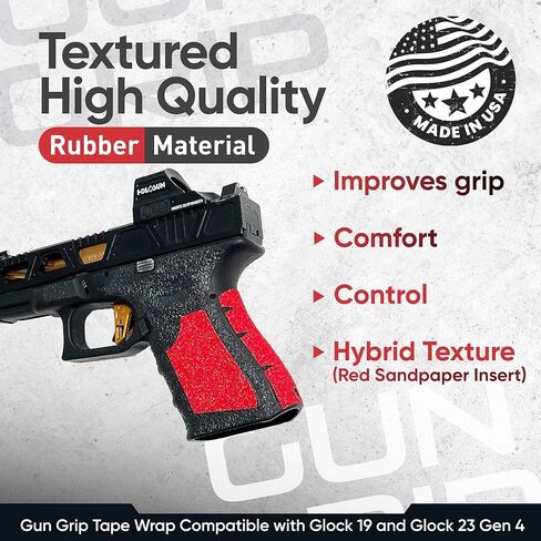 Handleitgrips Gun Grip Tape Compatible with Glock 19 and Glock 23 Gen 4, Black Hybrid Textured Rubber Pistol Grip Tape with Red Sandpaper Inserts, Gun Grip Wrap, Veteran Owned, Made in USA in Saudi Arabia