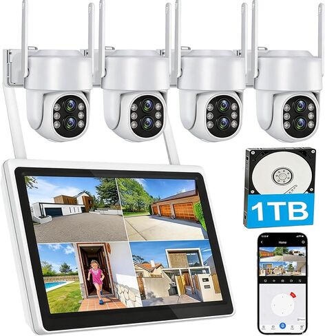 Wireless PTZ Security Camera System Outdoor with 10" HD Monitor, Pre-Installed 1TB HDD for 24/7 Recording No Monthly Fee, 4X 2K Dual-Lens Cameras with 10X Zoom, 10CH Expandable WiFi NVR, 2.4G/5G in Saudi Arabia