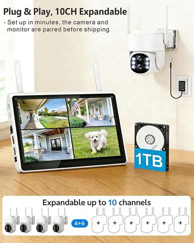 Wireless PTZ Security Camera System Outdoor with 10" HD Monitor, Pre-Installed 1TB HDD for 24/7 Recording No Monthly Fee, 4X 2K Dual-Lens Cameras with 10X Zoom, 10CH Expandable WiFi NVR, 2.4G/5G in Saudi Arabia