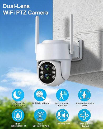 Wireless PTZ Security Camera System Outdoor with 10" HD Monitor, Pre-Installed 1TB HDD for 24/7 Recording No Monthly Fee, 4X 2K Dual-Lens Cameras with 10X Zoom, 10CH Expandable WiFi NVR, 2.4G/5G in Saudi Arabia