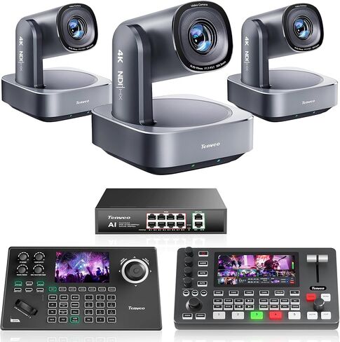 مجموعة/مجموعة كاميرا Tenveo 4K NDI PTZ - 3 عبوات 20X بصرية + 8X كاميرات تقريب رقمية AI (LAN/HDMI/USB3.0)، وحدة تحكم عصا التحكم NDI بشاشة 5 بوصات، محول فيديو 4K HDMI SDI ومفتاح PoE بـ 8 منافذ in Kuwait