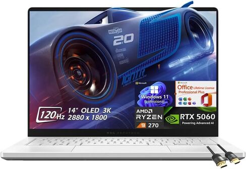 ASUS ROG Zephyrus G14 14" OLED 3K 120Hz Gaming Laptop, AMD Ryzen 9 270, RTX5060 8GB, 16GB LPDDR5X RAM 2TB SSD, Wi-Fi7, BacklitKB, Win11Pro Office Lifetime License, White, w/HDMI Cable, W/GaLiMu in Saudi Arabia
